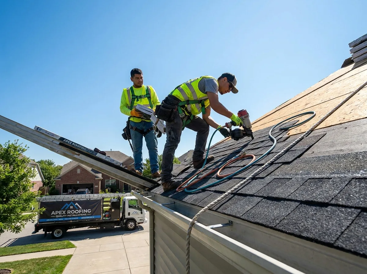 Roofing crew installing shingles