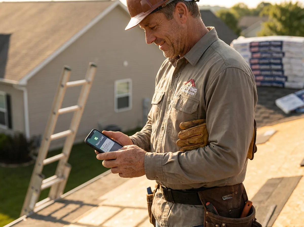 Roofing contractor getting a lead notification on his phone
